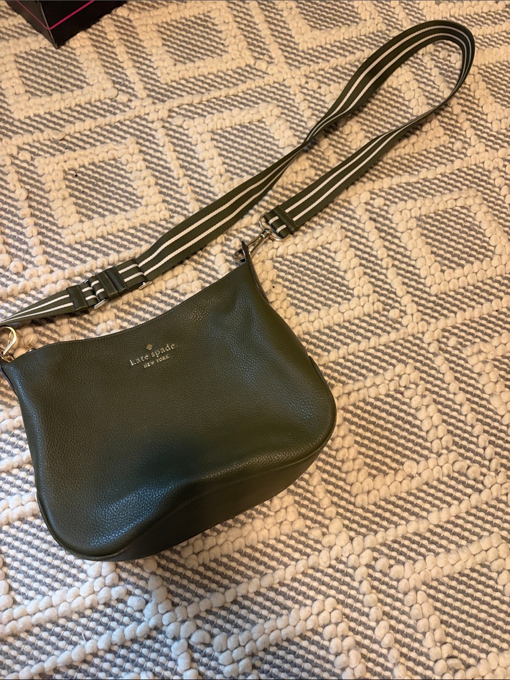 kate spade Olive Green Pebbled Leather Crossbody with Striped Strap